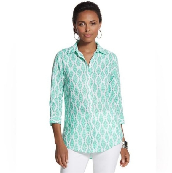 Chico's Tops - Chico's 100% Linen Large (Size 1 /M 8-10) No Iron Green & White Button Up Shirt